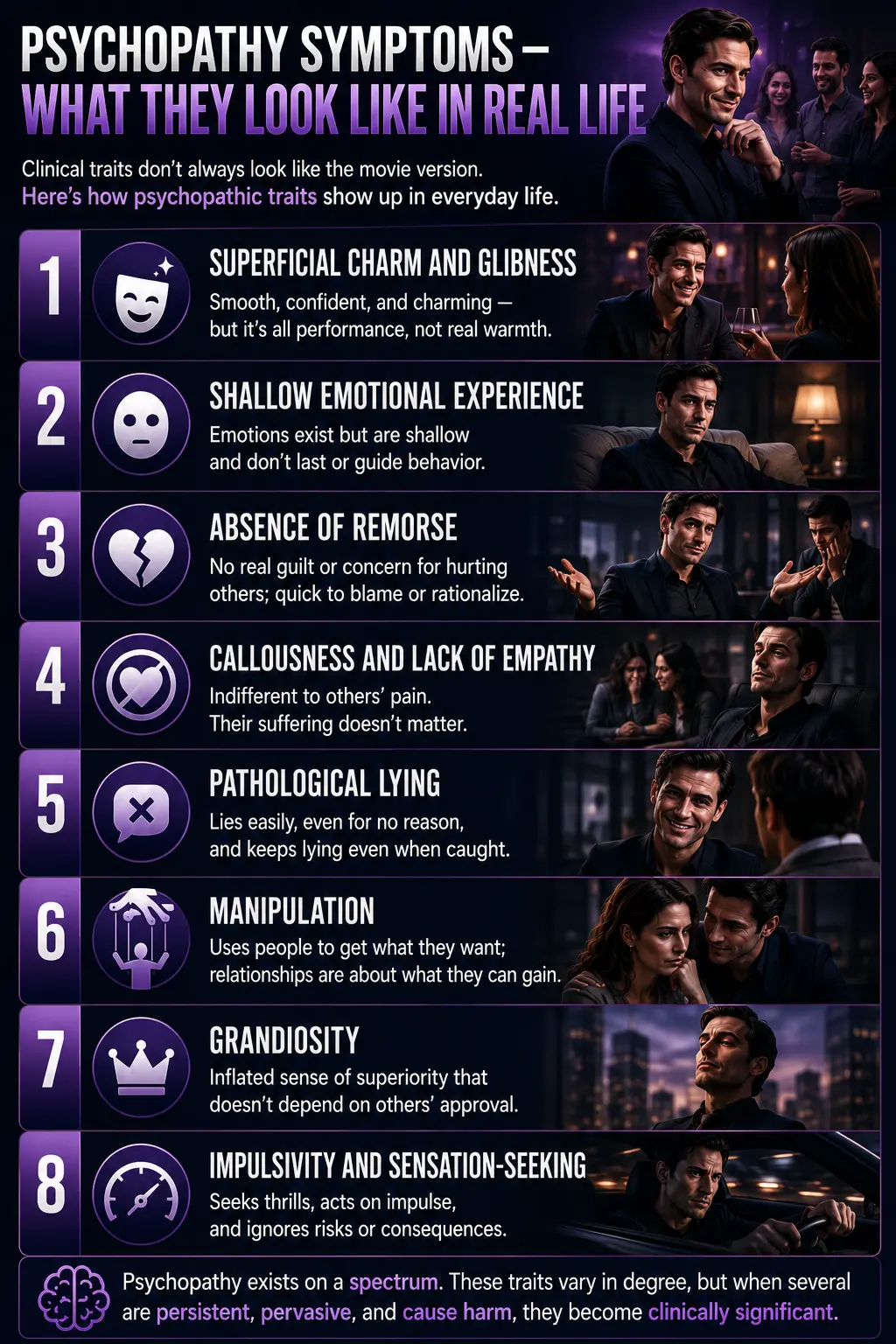 Psychopathy symptoms infographic highlighting eight traits, including charm, shallow emotions, lack of remorse, manipulation, grandiosity, and impulsivity