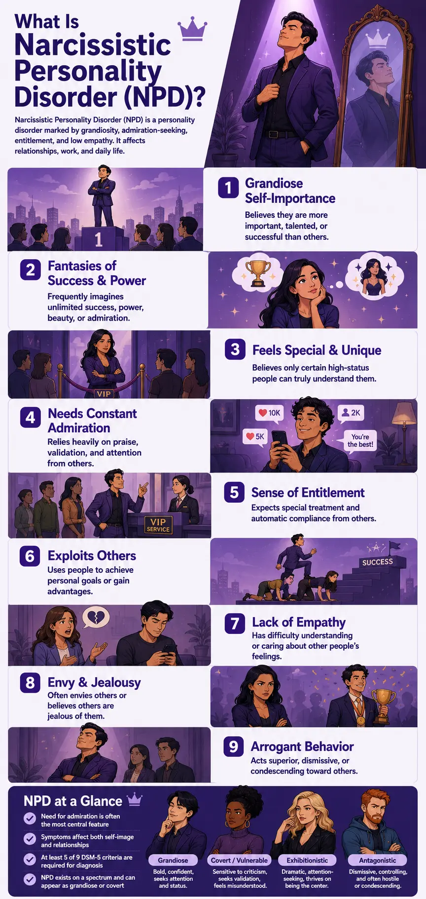 Narcissistic Personality Disorder (NPD) infographic explaining the 9 DSM-5 criteria of narcissism, including grandiosity, need for admiration, entitlement, lack of empathy, exploitation, envy, and arrogant behavior, with purple mental health illustrations and diverse character representations.