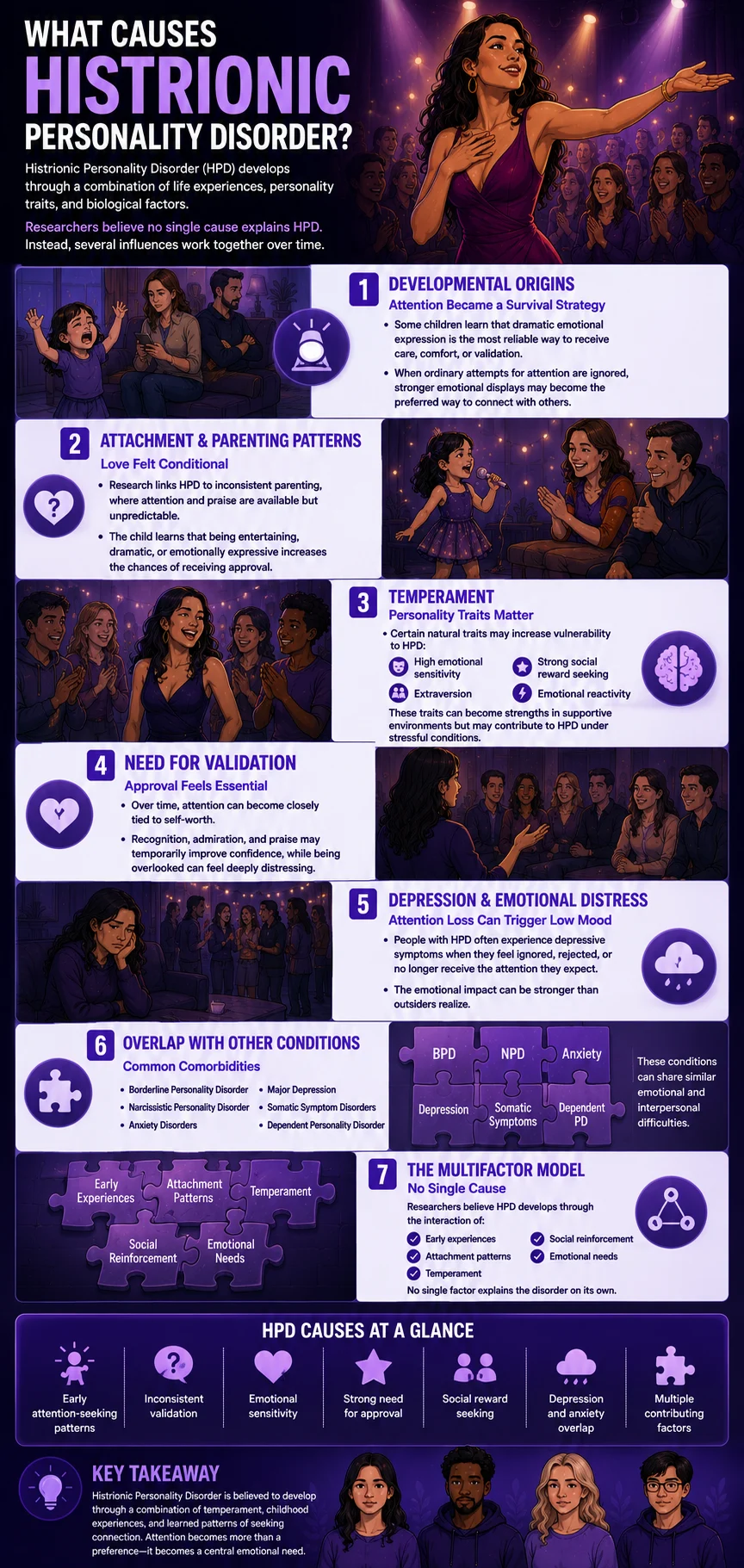 Infographic explaining the causes and risk factors of Histrionic Personality Disorder