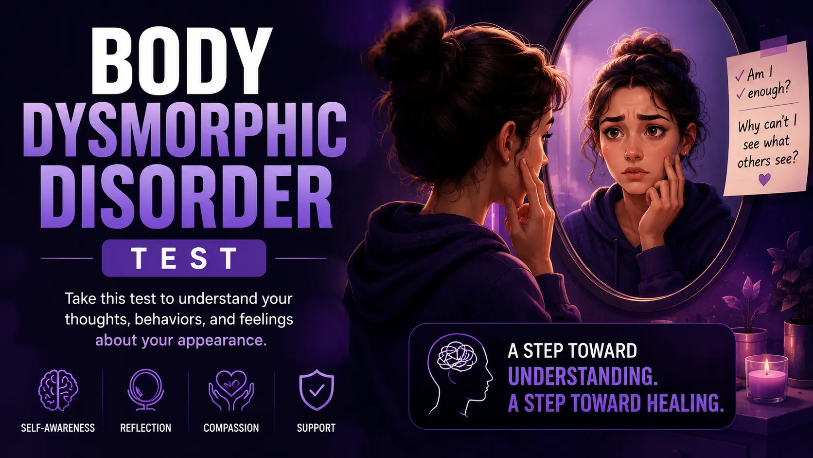 Featured image for a Body Dysmorphic Disorder Test showing a worried young woman looking into a mirror, reflecting appearance-related distress and self-perception concerns.