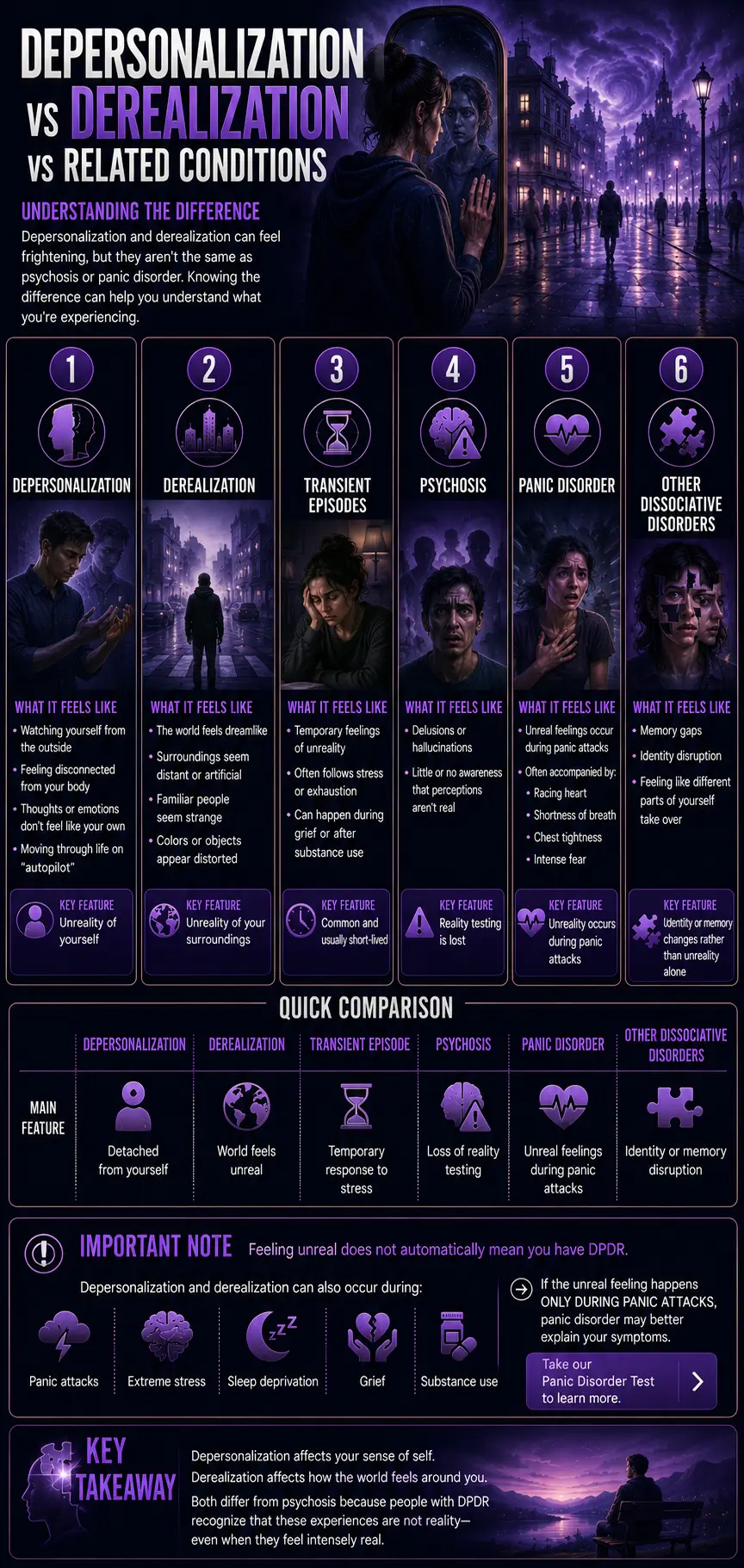 Infographic comparing depersonalization, derealization, transient episodes, psychosis, panic disorder, and other dissociative disorders, highlighting their key symptoms, differences, and the importance of intact reality testing in Depersonalization/Derealization Disorder (DPDR)