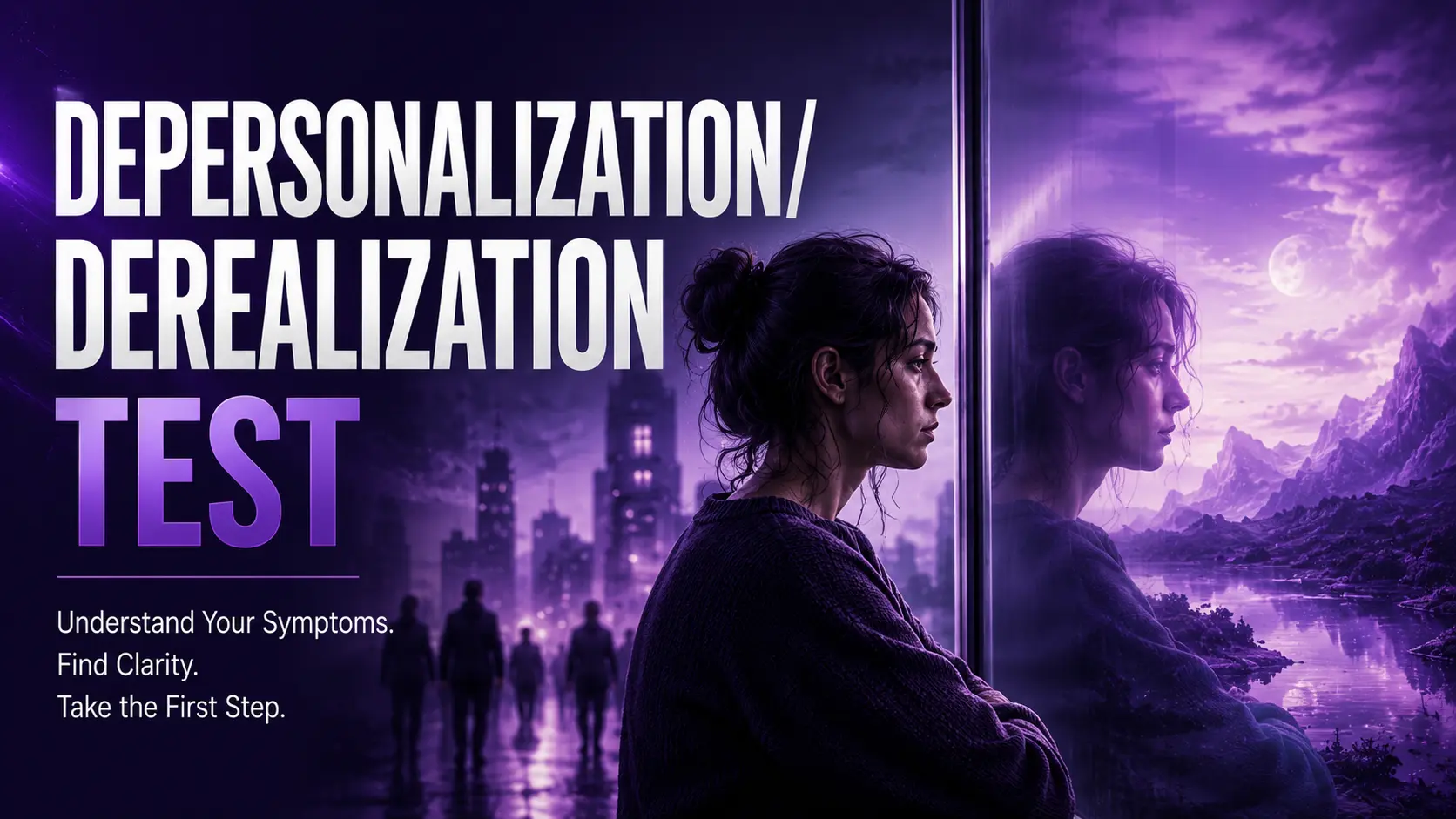Featured image for a Depersonalization/Derealization Disorder (DPDR) Test showing a person looking at their own reflection while surrounded by a surreal, dreamlike environment, symbolizing feelings of detachment from oneself and the world despite remaining aware of reality