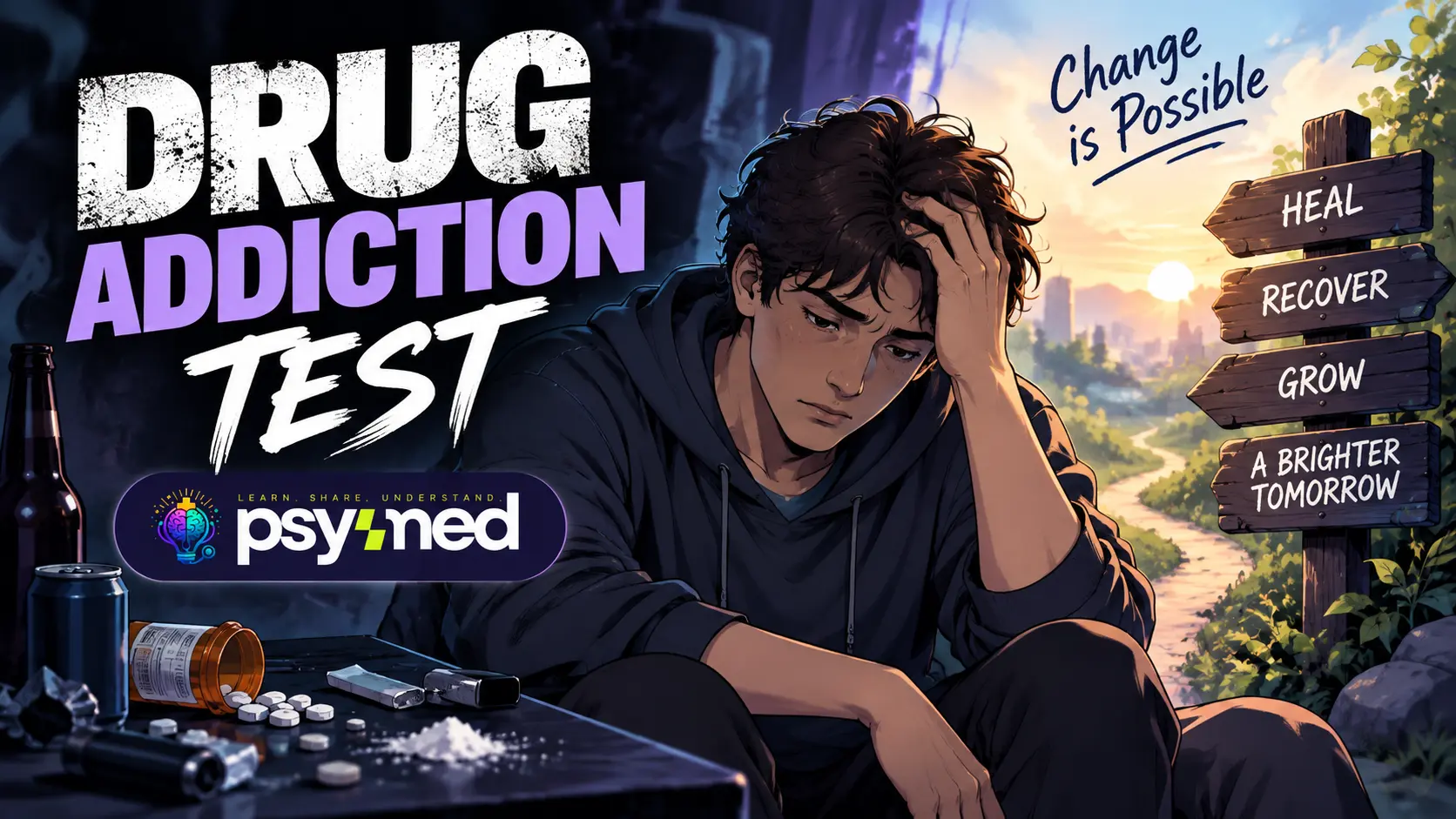 Drug Addiction Test showing a distressed young man surrounded by signs of substance use and recovery