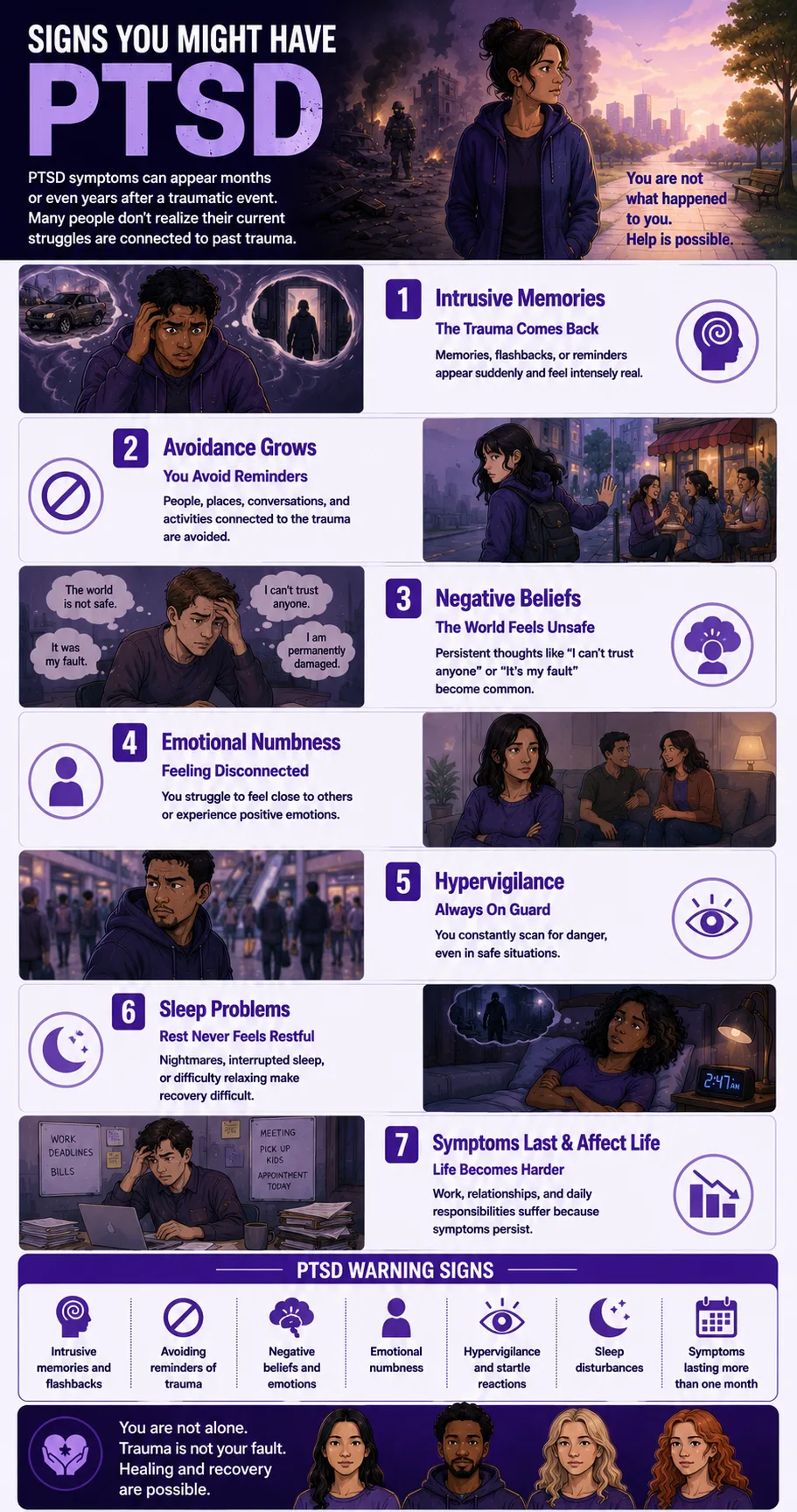 Signs You Might Have PTSD infographic highlighting common PTSD symptoms, including intrusive memories, trauma avoidance, negative beliefs, emotional numbness, hypervigilance, sleep problems, and long-lasting effects on daily life and relationships.