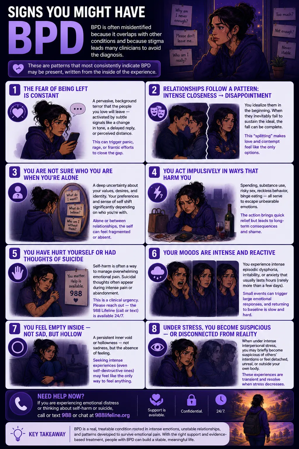 Borderline Personality Disorder infographic showing common signs, emotional instability, and relationship difficulties