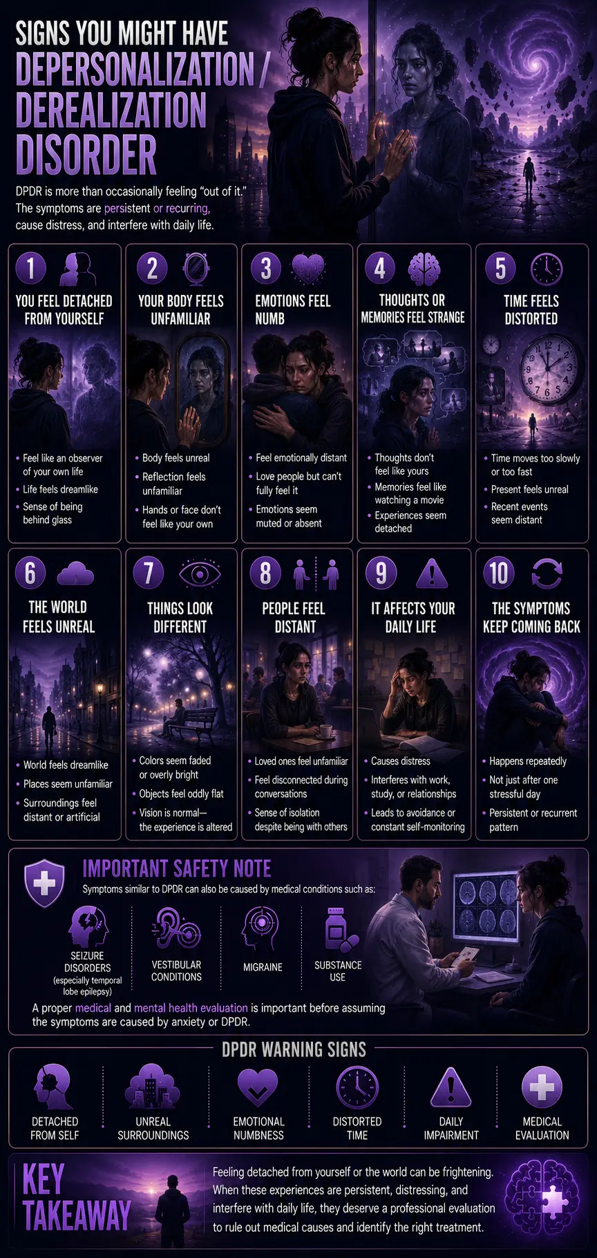 Infographic highlighting the common signs of Depersonalization/Derealization Disorder (DPDR), including feeling detached from yourself, emotional numbness, an unreal or dreamlike world, distorted time, unfamiliar surroundings, recurring symptoms, and the importance of ruling out medical causes through professional evaluation.