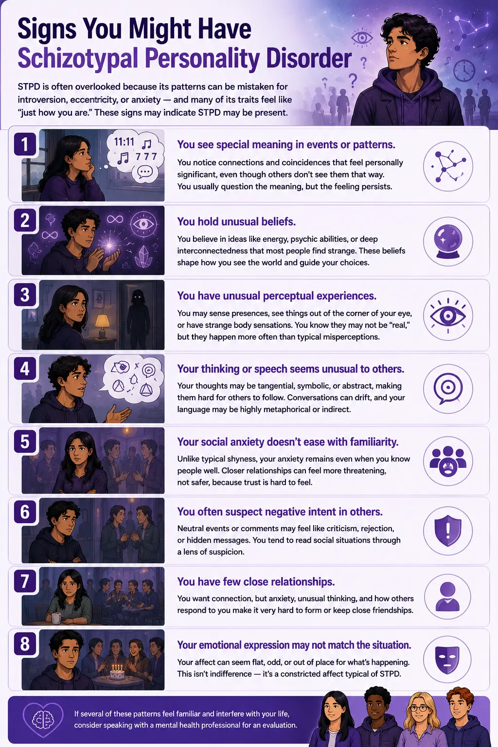 Signs You Might Have Schizotypal Personality Disorder infographic highlighting common STPD symptoms, including unusual beliefs, magical thinking, perceptual distortions, suspiciousness, social anxiety, eccentric behavior, few close relationships, and difficulty connecting with others, presented in a purple mental health education design.