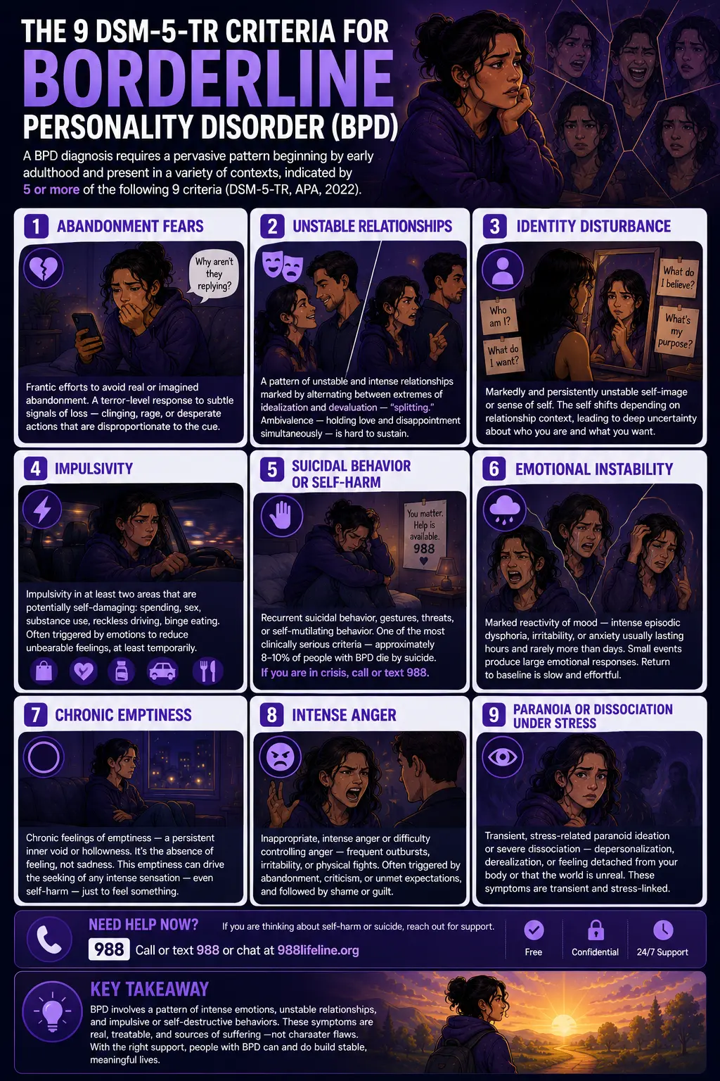 Borderline Personality Disorder infographic showing the nine DSM-5 diagnostic criteria and common symptoms