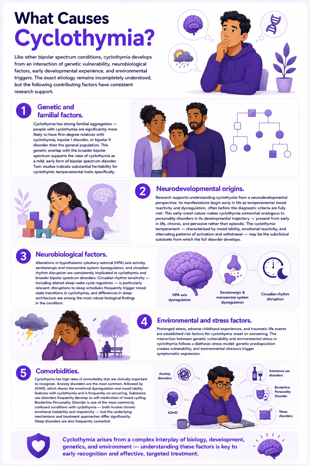 Infographic explaining the causes of cyclothymia including genetic factors, neurodevelopmental origins, neurobiological changes, environmental stress, and mental health comorbidities with diverse illustrated characters and purple mental health design.