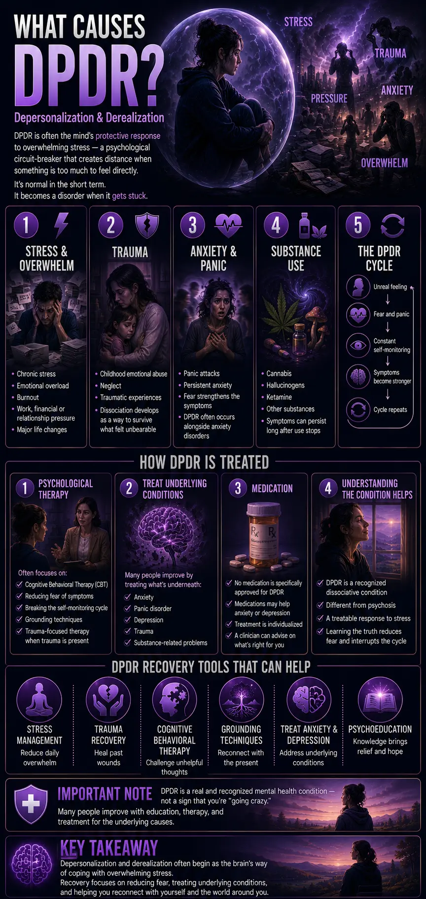 Infographic explaining the causes and treatment of Depersonalization/Derealization Disorder (DPDR), covering stress, trauma, anxiety, substance use, the cycle that maintains symptoms, evidence-based treatment options, recovery tools, and the key message that DPDR is a treatable dissociative condition.