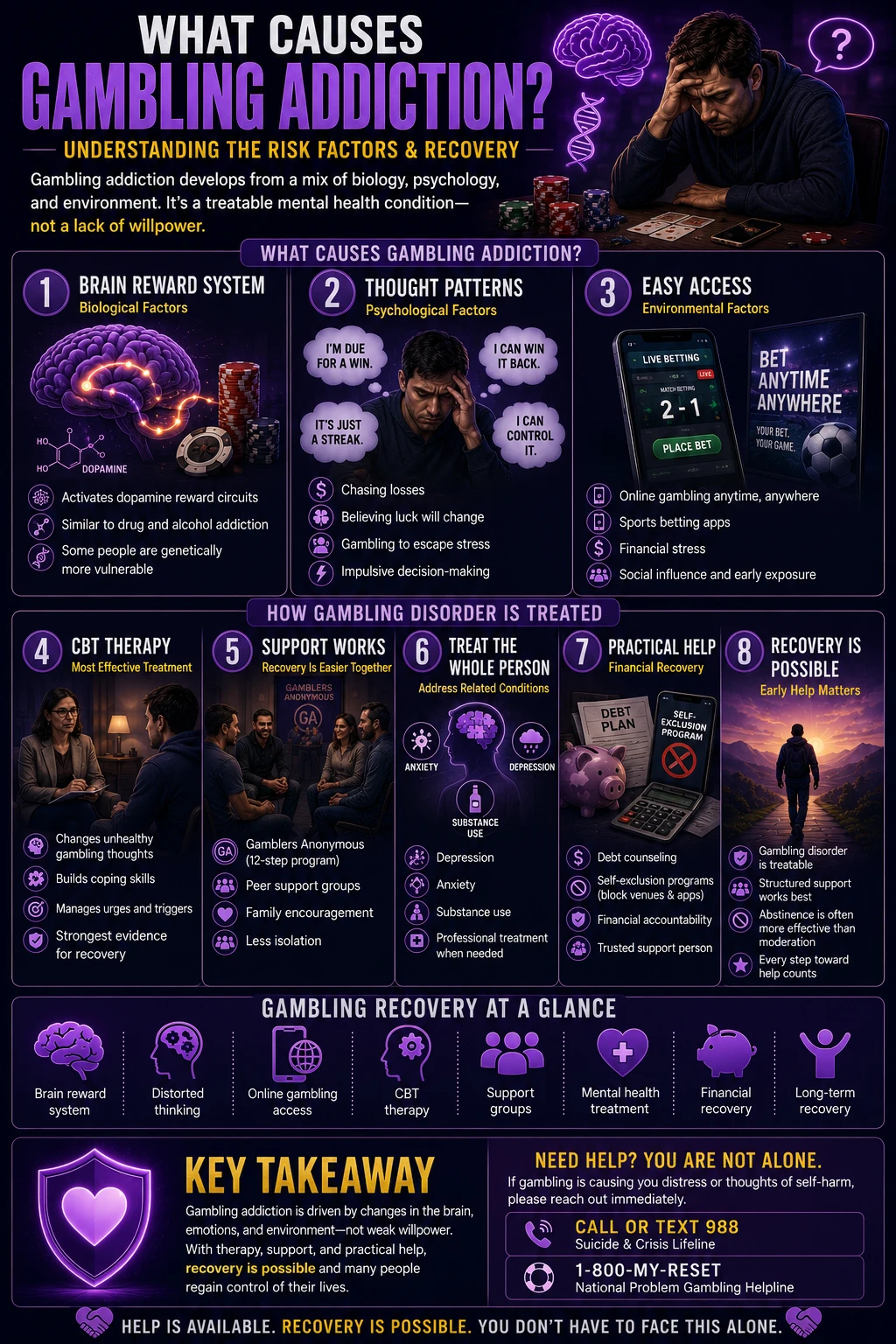 Infographic explaining the causes of gambling addiction and evidence-based treatment options, including brain reward pathways, psychological and environmental risk factors, CBT, peer support, financial safeguards, and recovery resources.