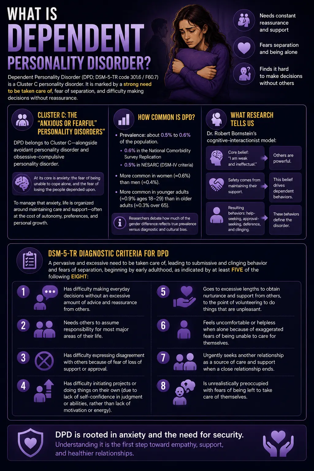Infographic explaining Dependent Personality Disorder (DPD), highlighting its core features such as fear of being alone, excessive need for reassurance, difficulty making decisions independently, prevalence, and DSM-5 diagnostic criteria.