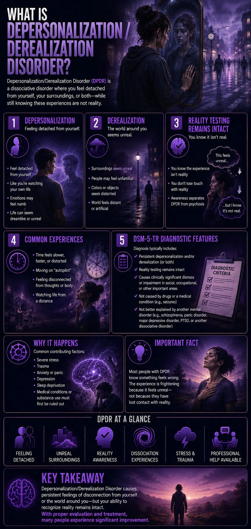 Infographic explaining Depersonalization/Derealization Disorder (DPDR), including feeling detached from yourself or your surroundings, common symptoms, DSM-5 diagnostic features, contributing factors, and the key fact that reality testing remains intact.