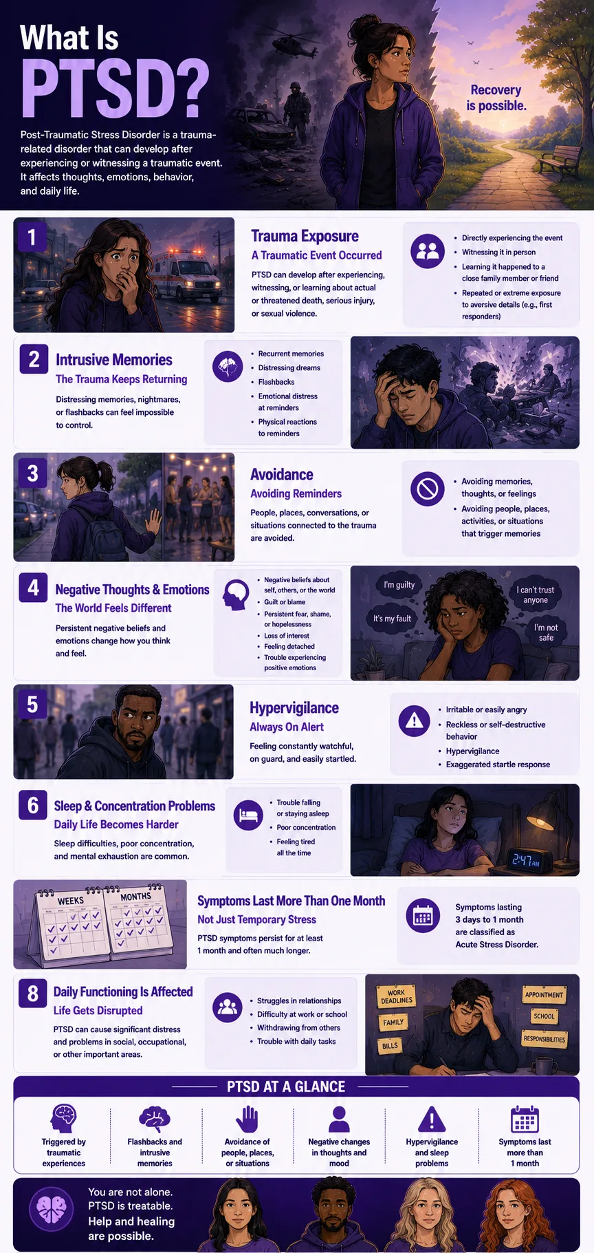 PTSD infographic explaining trauma exposure, flashbacks, avoidance, negative thoughts, hypervigilance, sleep problems, emotional distress, and the core DSM-5 symptoms of Post-Traumatic Stress Disorder.