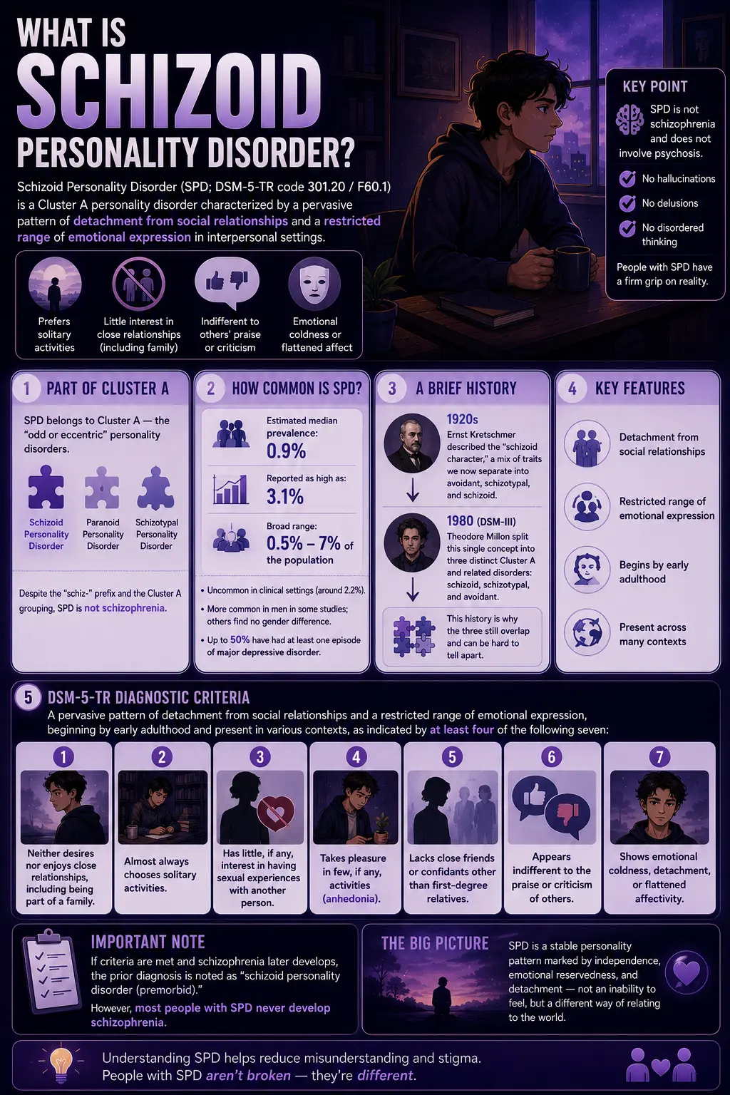 Infographic explaining Schizoid Personality Disorder (SPD), its key traits, DSM-5 criteria, prevalence, and how it differs from schizophrenia.