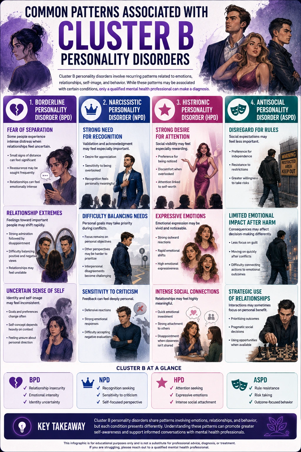 Cluster B personality disorders infographic comparing common patterns associated with BPD, NPD, HPD, and ASPD
