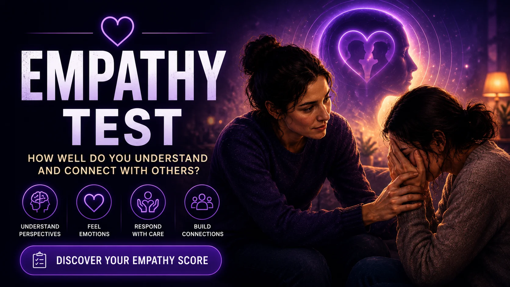 Empathy Test featured image showing a compassionate person comforting someone in distress, representing emotional understanding, connection, and support