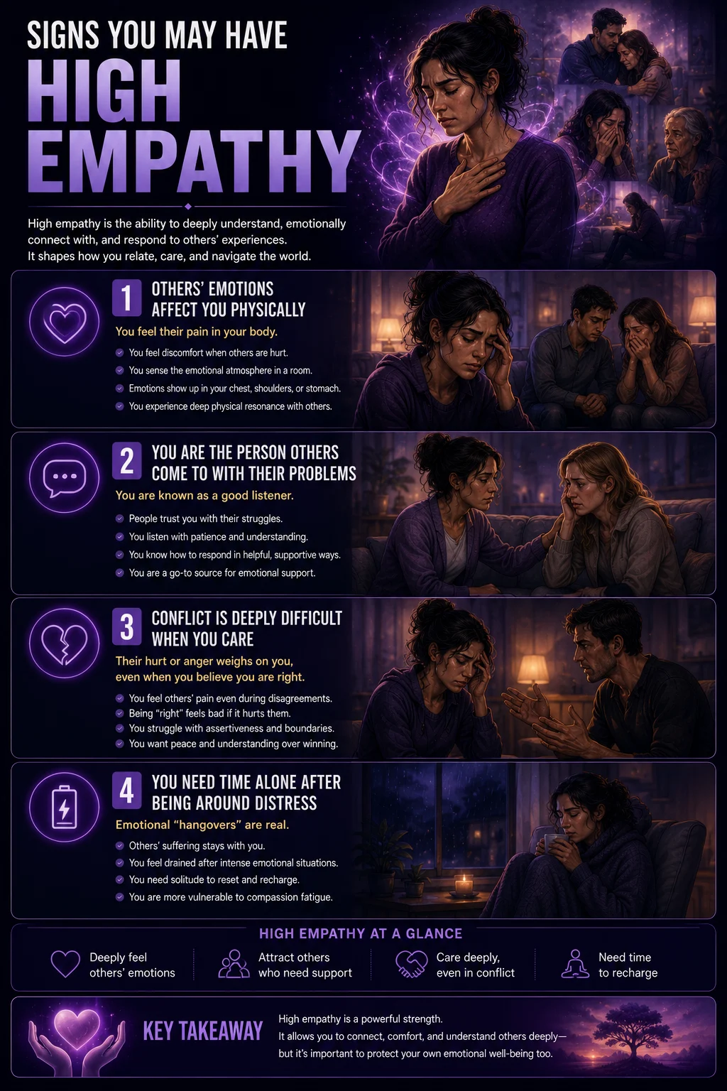 High empathy infographic showing emotional sensitivity, strong listening skills, difficulty with conflict, emotional burnout, and the need to recharge after supporting others