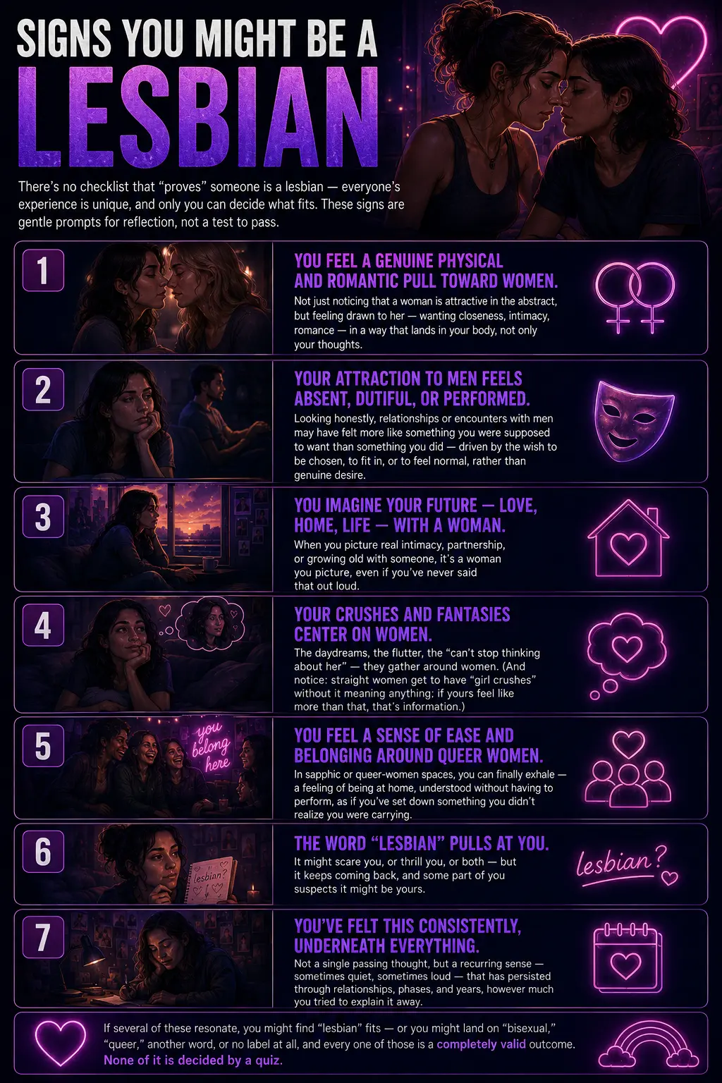 Signs you might be a lesbian, including attraction, relationships, and identity