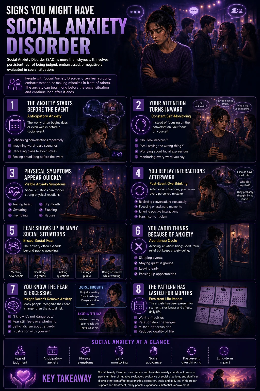 Infographic titled "Signs You Might Have Social Anxiety Disorder" featuring a young woman in a crowded social setting appearing anxious and withdrawn.
