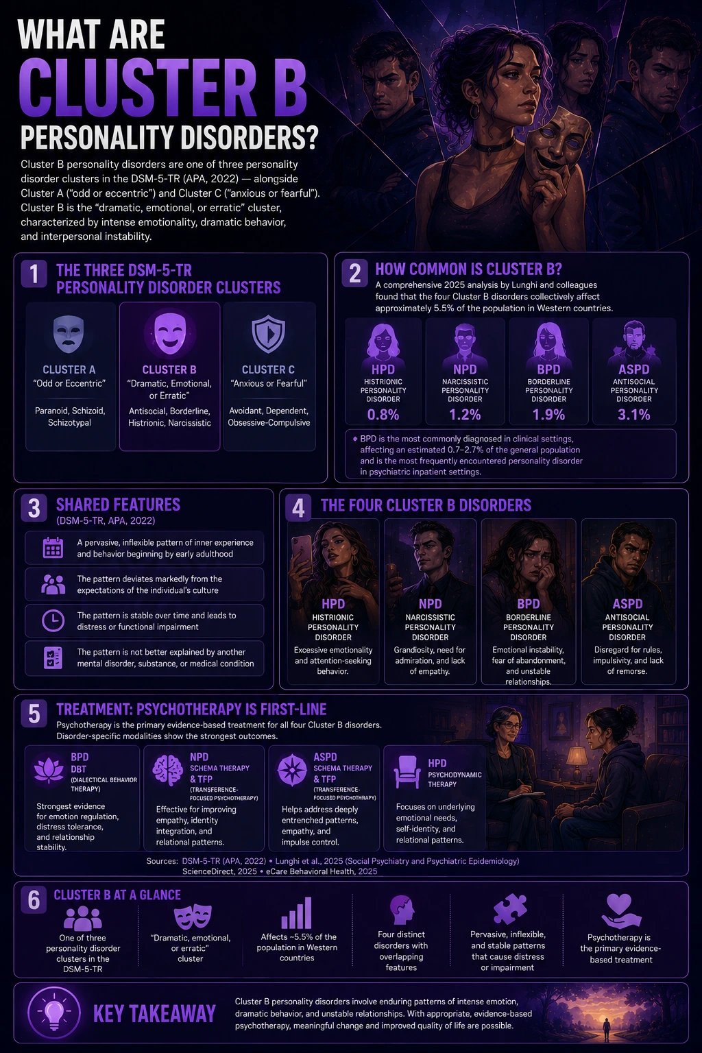 Cluster B Personality Disorders infographic explaining BPD, NPD, HPD, and ASPD, including prevalence, shared traits, and treatment approaches