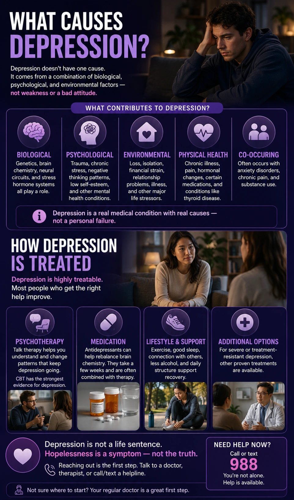 Infographic explaining the causes and treatments of clinical depression