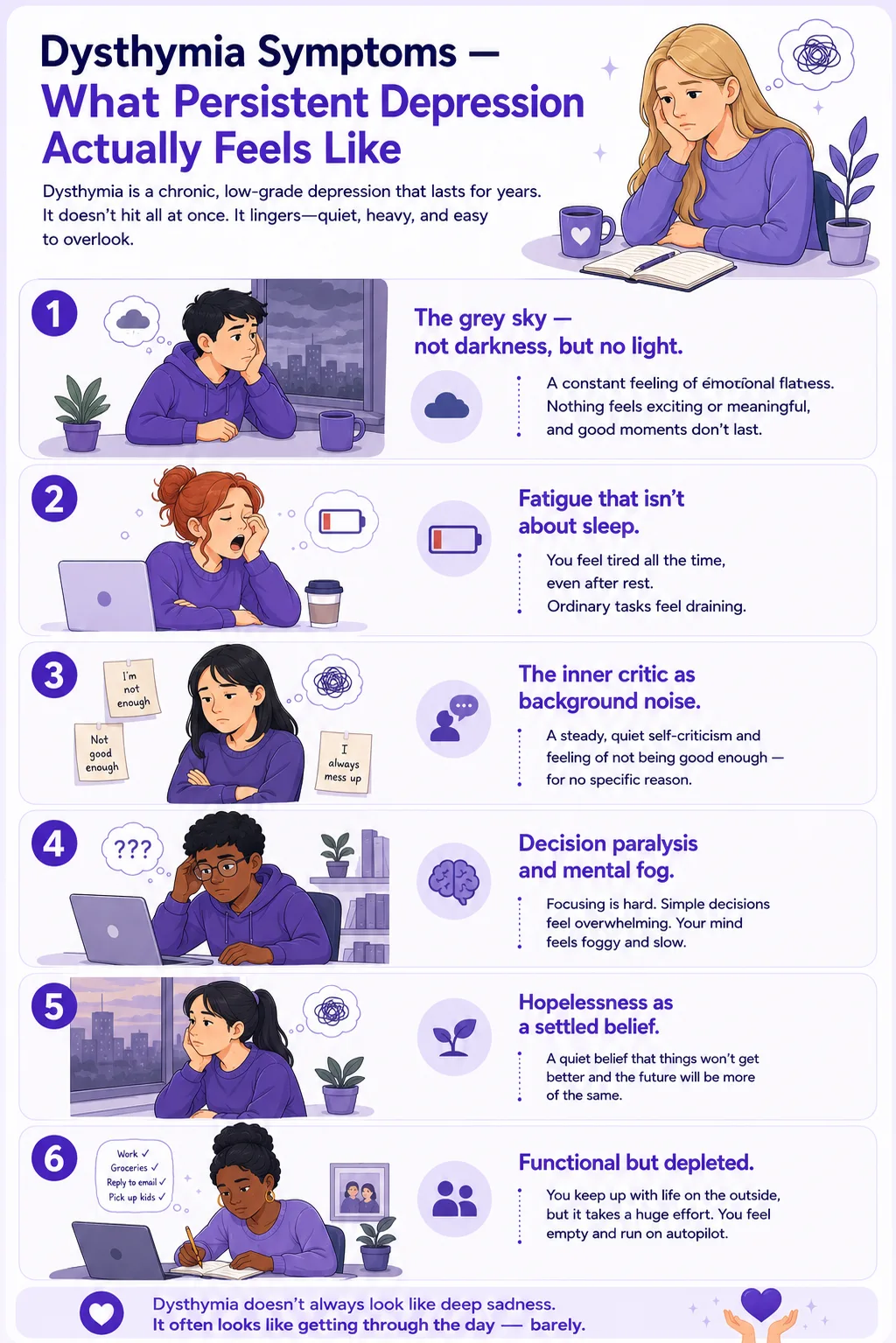 Infographic about dysthymia symptoms and persistent depressive disorder featuring diverse characters including blonde, red-haired, Asian, and Black individuals showing emotional flatness, fatigue, self-criticism, mental fog, hopelessness, and high-functioning depression in a modern purple mental health design.