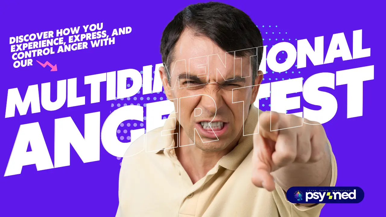 Multidimensional Anger Test featured image showing an angry man pointing forward on a purple background with the PsyMed logo and text about discovering how you experience, express, and control anger.