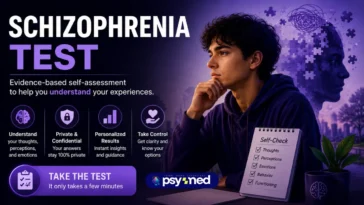 Schizophrenia Test featured image showing a young adult reflecting on thoughts, perceptions, emotions, and behavior, with visual elements representing psychosis, hallucinations, and mental health self-assessment in a purple-themed design