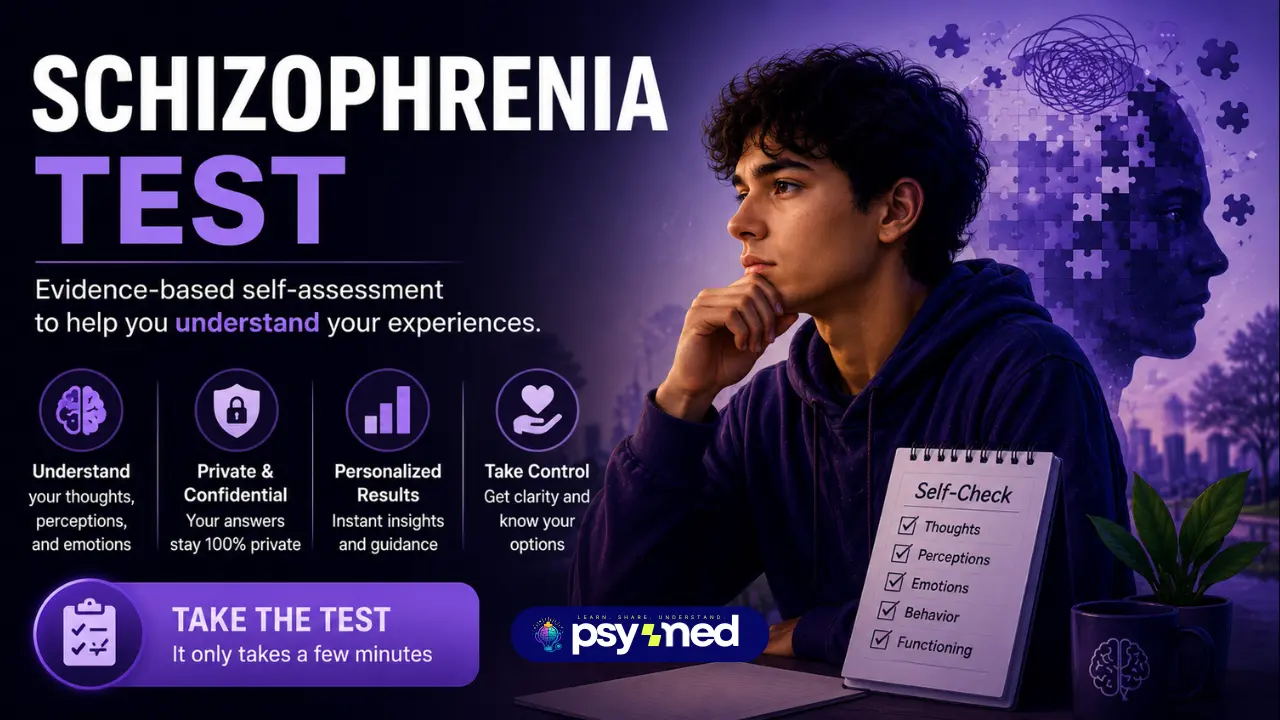 Schizophrenia Test featured image showing a young adult reflecting on thoughts, perceptions, emotions, and behavior, with visual elements representing psychosis, hallucinations, and mental health self-assessment in a purple-themed design