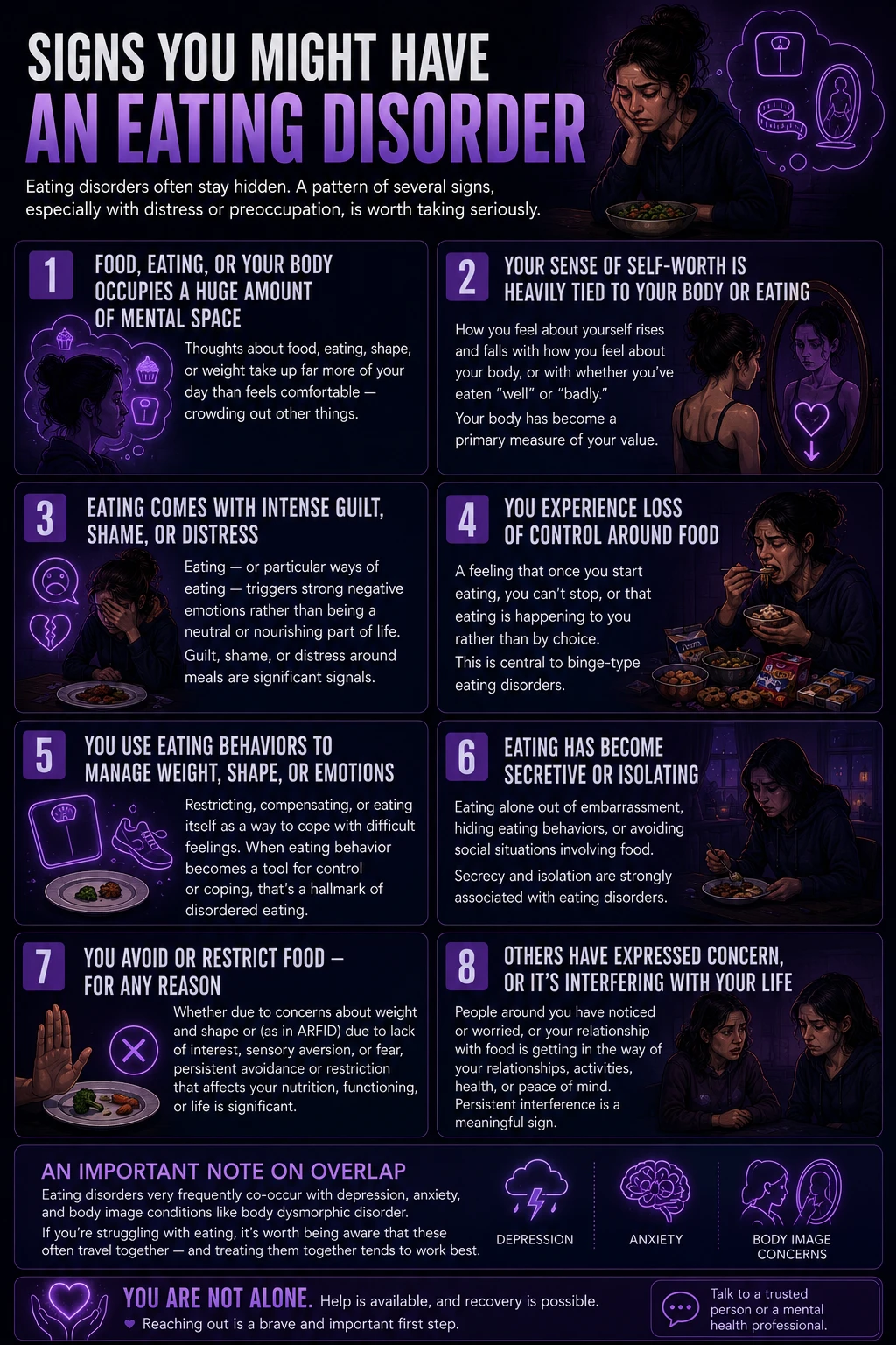 Infographic outlining the common signs of an eating disorder, including obsessive thoughts about food, low self-worth tied to body image, guilt after eating, loss of control around food, restrictive eating, secretive eating habits, and the impact on daily life, with a reminder that recovery and support are available.