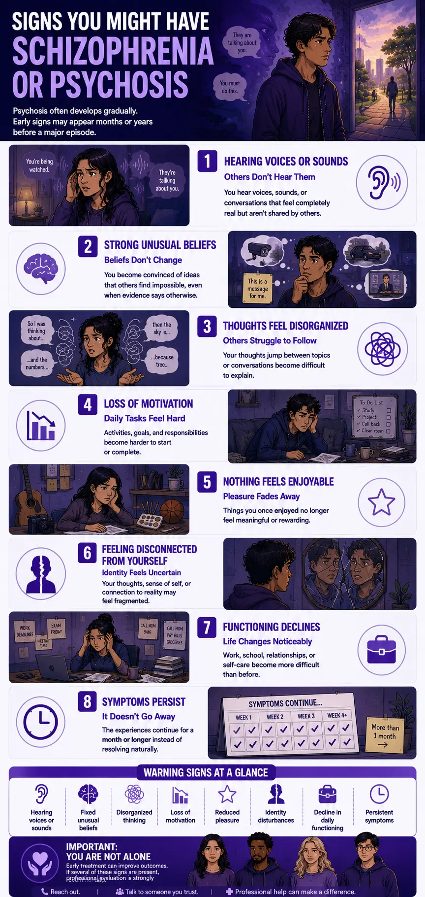 Signs You Might Have Schizophrenia or Psychosis infographic highlighting hallucinations, delusions, disorganized thinking, loss of motivation, reduced pleasure, identity disturbances, functional decline, and persistent symptoms in a purple mental health education design.