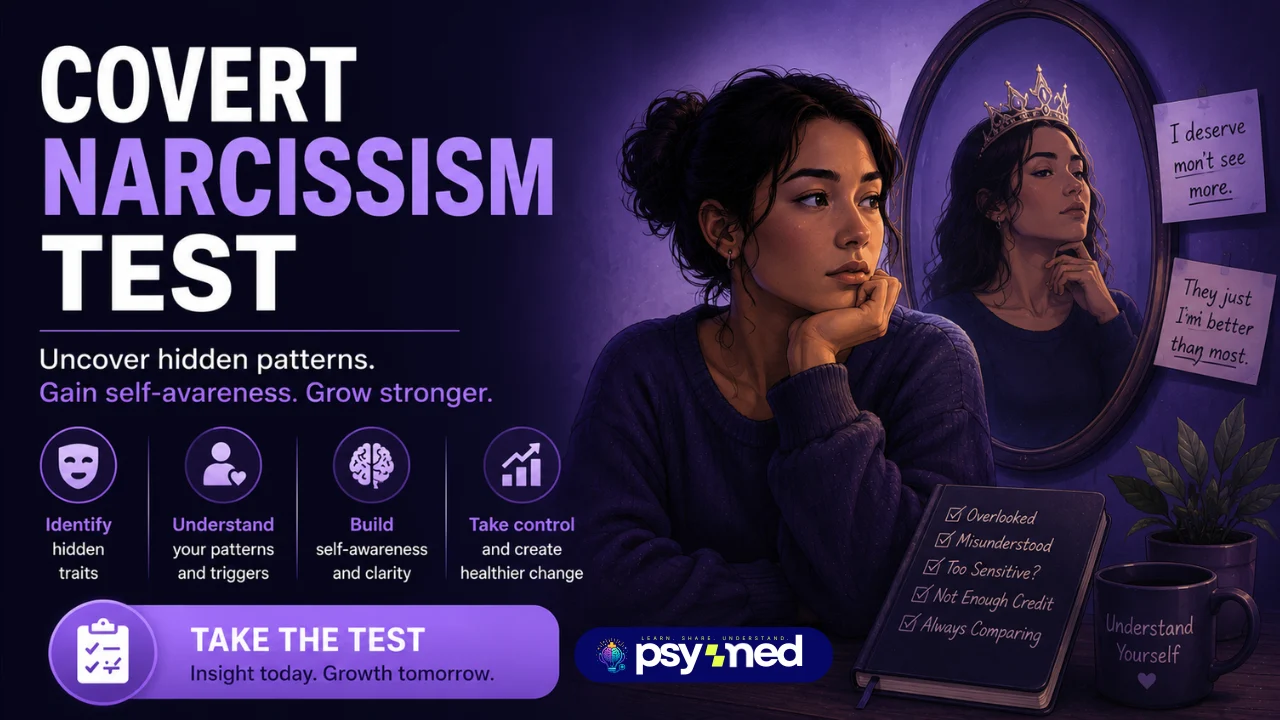 Covert Narcissism Test featured image showing a thoughtful woman looking at her reflection, symbolizing hidden narcissistic traits, insecurity, self-worth, and the search for validation in a purple-themed mental health design