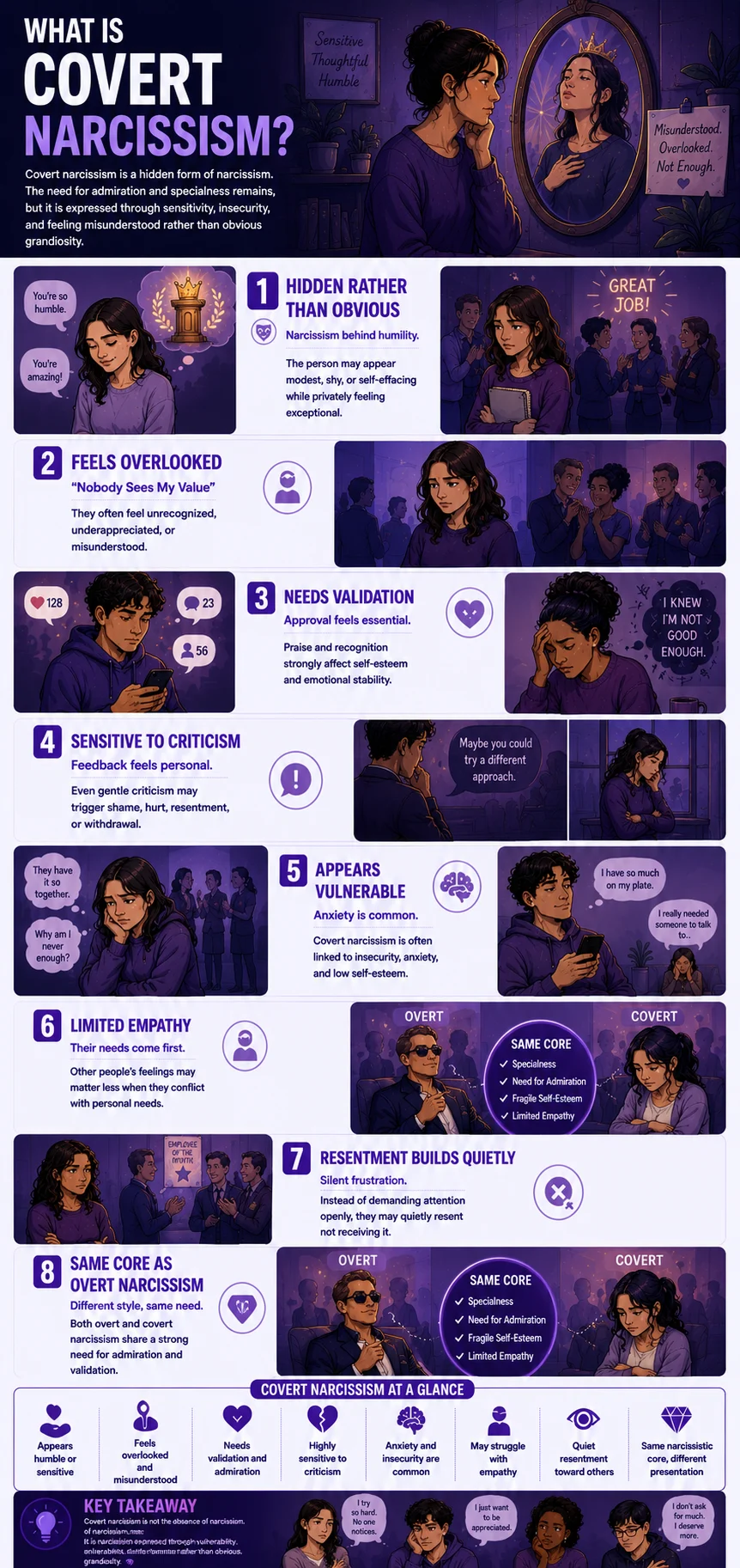 Covert narcissism infographic showing hidden narcissistic traits, validation seeking, criticism sensitivity, and feelings of being overlooked.