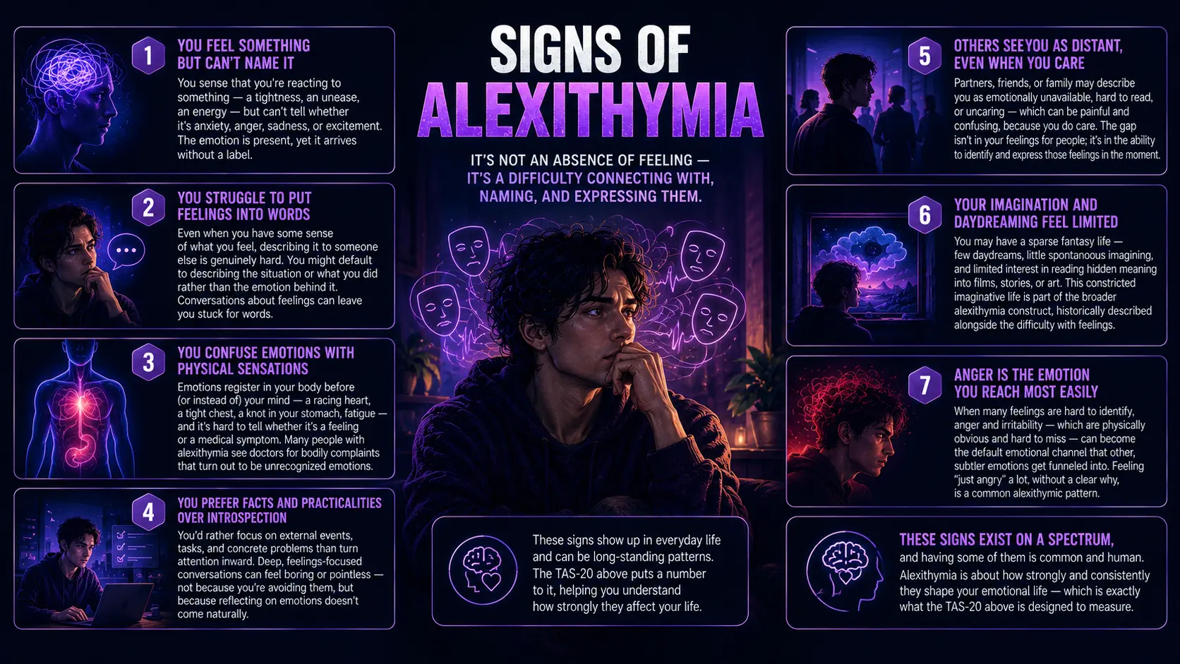 Signs of alexithymia, including difficulty identifying, expressing, and understanding emotions