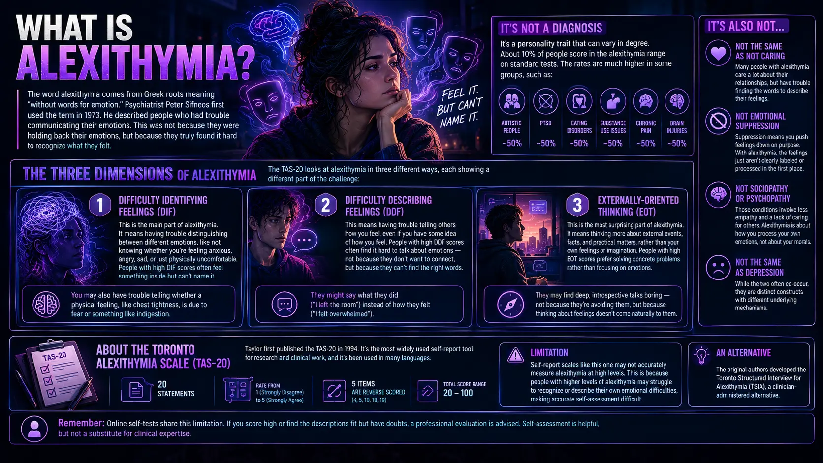 Alexithymia test infographic explaining alexithymia, its three dimensions, and the TAS-20