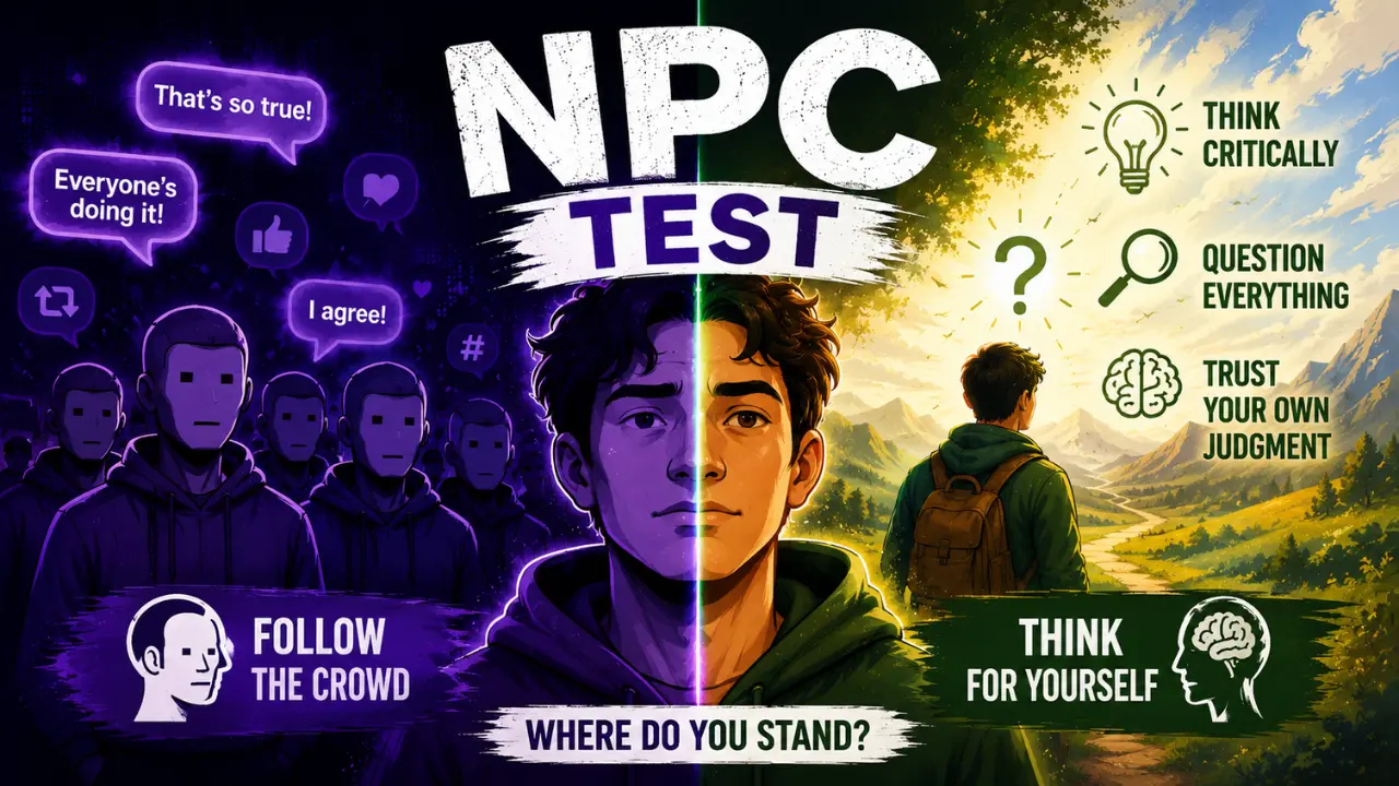 NPC Test featured image showing a split between crowd conformity and independent thinking, with one side representing social influence and trend-following, and the other representing critical thinking, questioning beliefs, and trusting your own judgment.
