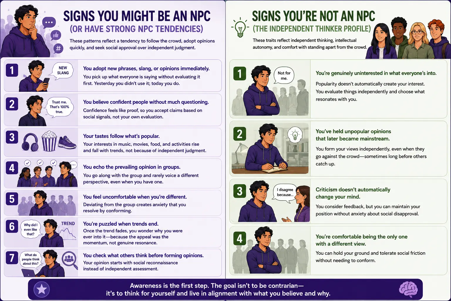 NPC vs Independent Thinker infographic comparing conformity, trend-following, and social approval with critical thinking, personal opinions, and independent decision-making.