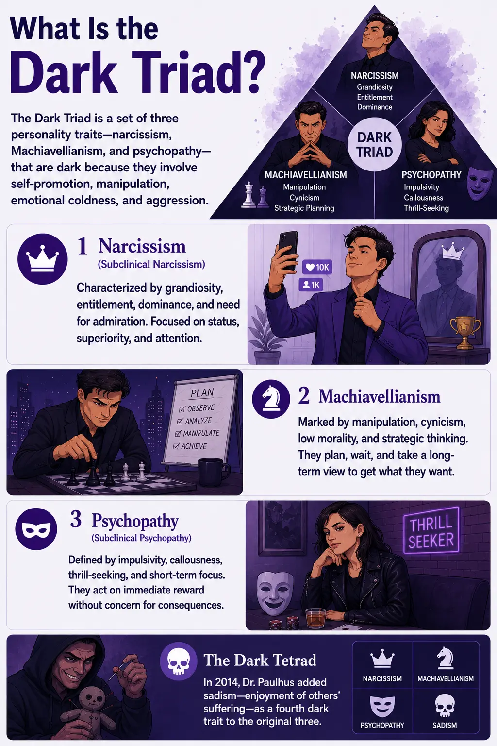 Infographic explaining the Dark Triad personality traits—Narcissism, Machiavellianism, and Psychopathy—including grandiosity, manipulation, impulsivity, low empathy, strategic behavior, and the Dark Tetrad concept in a purple psychology-themed educational infographic.