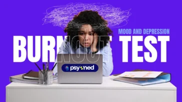Person looking overwhelmed at a laptop with tangled thoughts above their head, illustrating a burnout test for work-related stress, exhaustion, and depression
