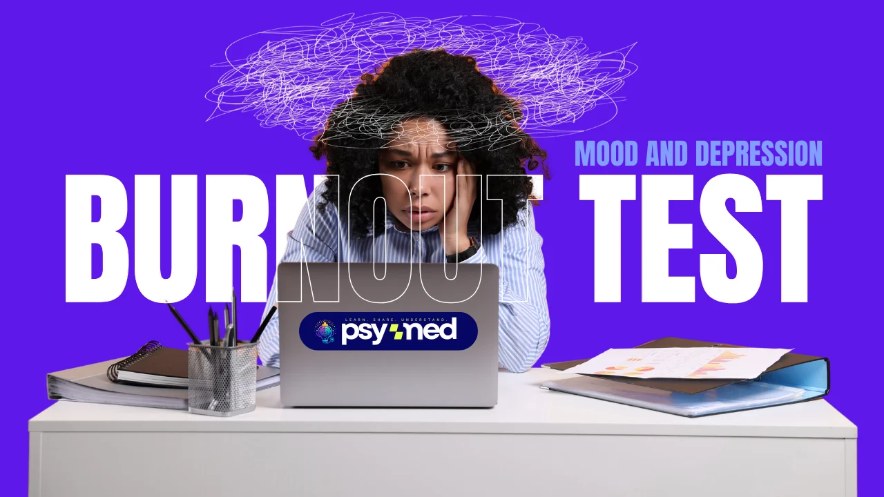 Person looking overwhelmed at a laptop with tangled thoughts above their head, illustrating a burnout test for work-related stress, exhaustion, and depression