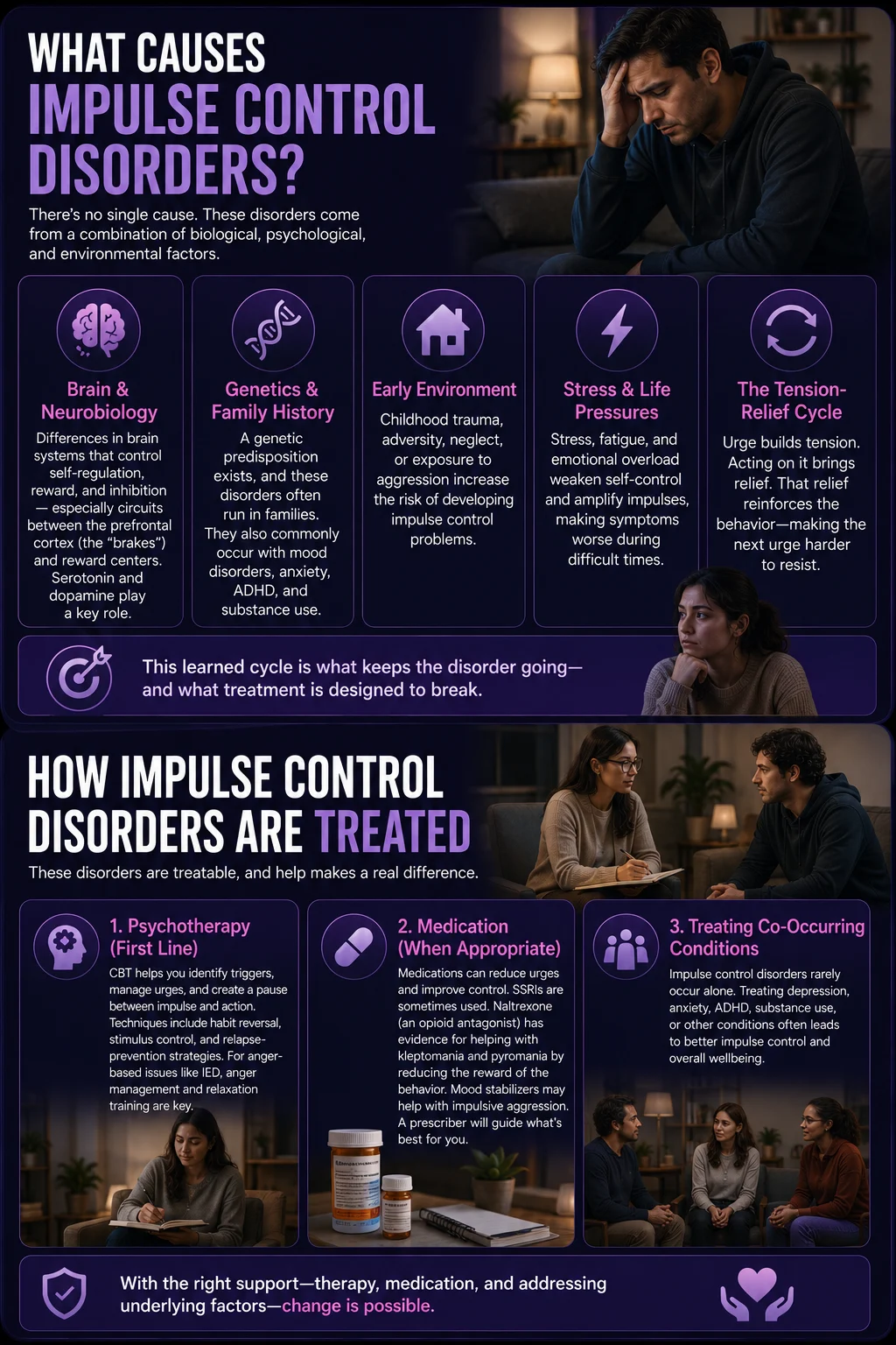 Infographic explaining the causes and treatment of impulse control disorders