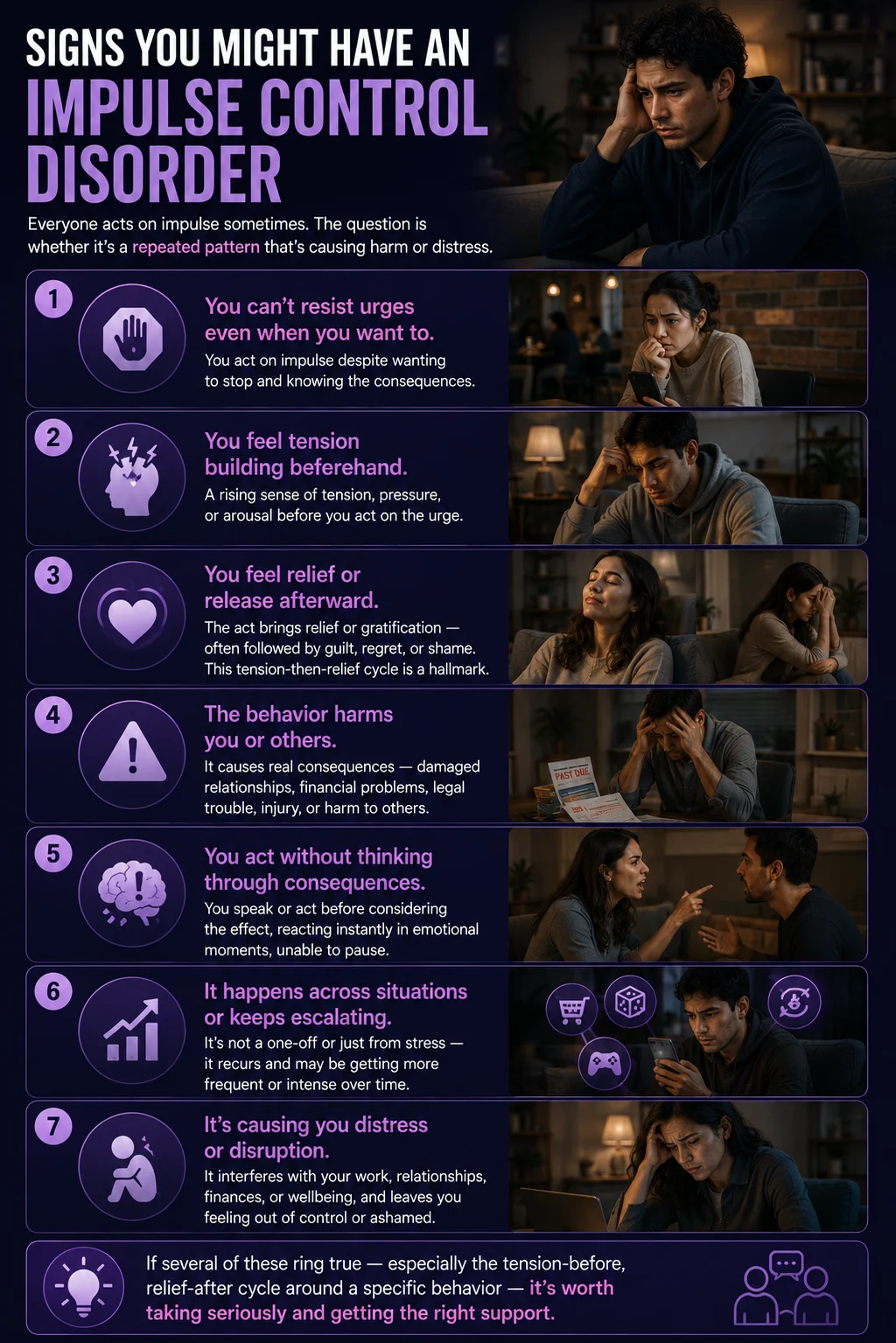 Infographic showing seven signs of an impulse control disorder