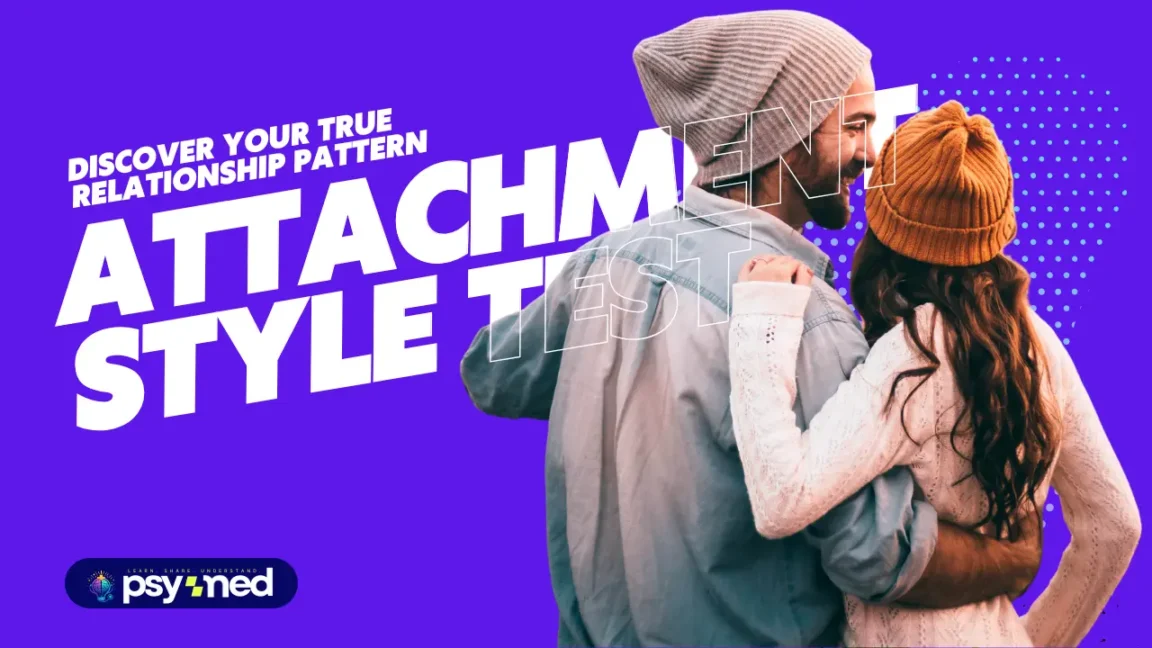Couple embracing with text “Attachment Style Test – Discover Your True Relationship Pattern” featured image for relationship psychology quiz.