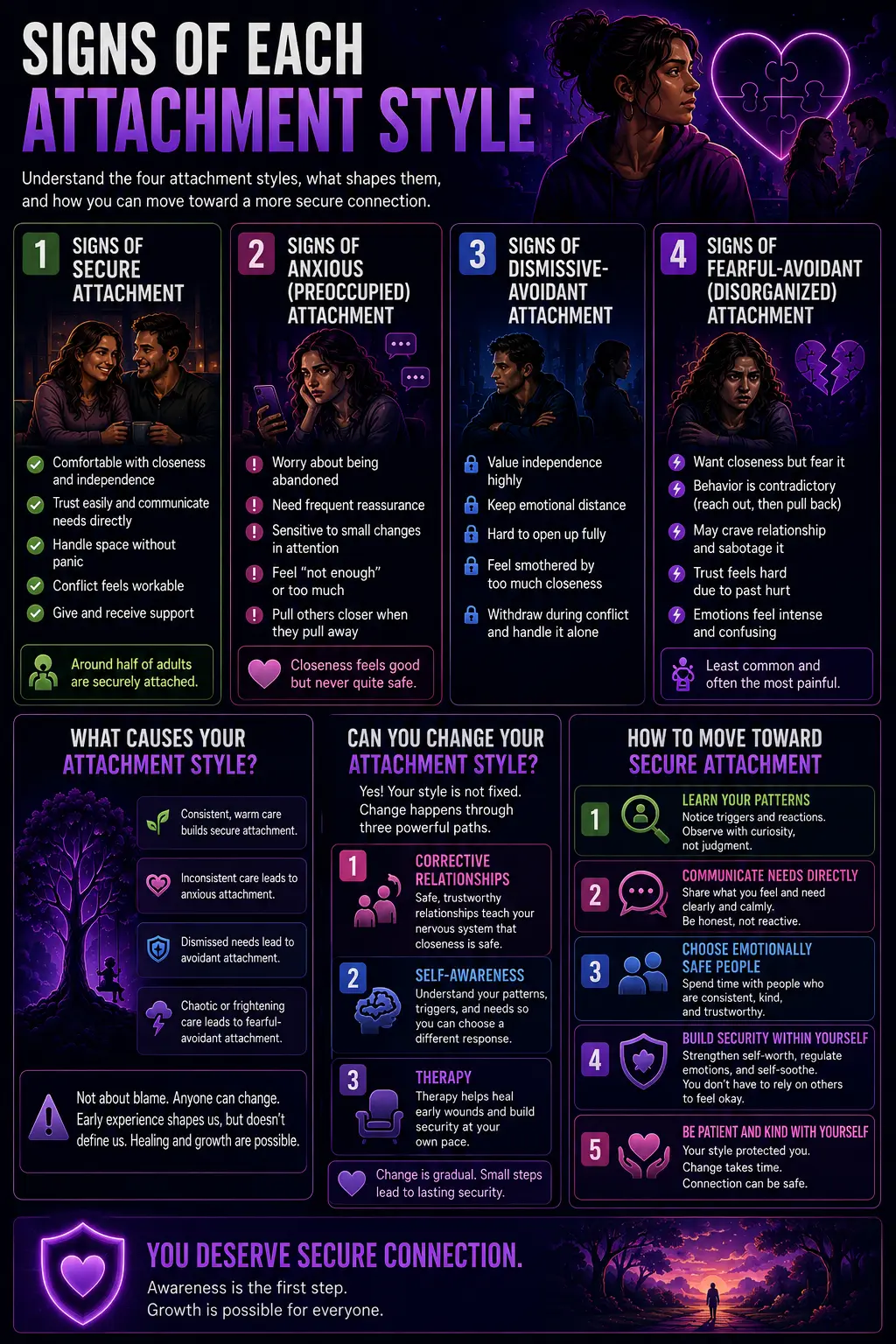 A detailed infographic about Signs of each attachment style, causes, and steps toward secure attachment