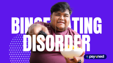 Binge Eating Disorder featured image showing emotional eating, overeating, food cravings, and loss of control around food with bold purple design and mental health awareness branding.