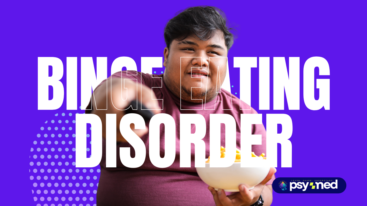 Binge Eating Disorder featured image showing emotional eating, overeating, food cravings, and loss of control around food with bold purple design and mental health awareness branding.