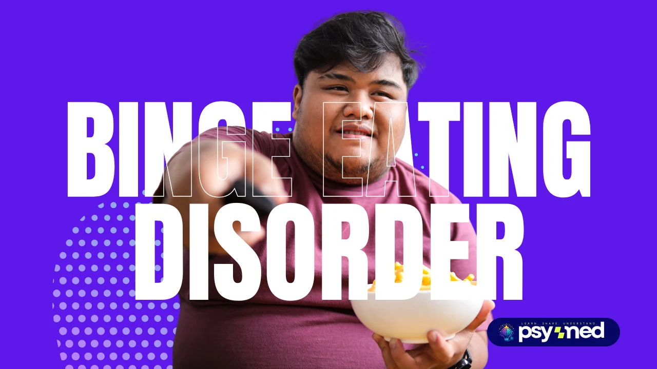 Binge Eating Disorder featured image showing emotional eating, overeating, food cravings, and loss of control around food with bold purple design and mental health awareness branding.