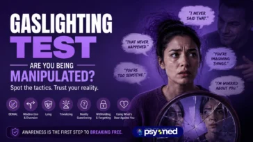 Gaslighting Test featured image showing a confused woman surrounded by manipulative statements, highlighting denial, reality distortion, and emotional manipulation.