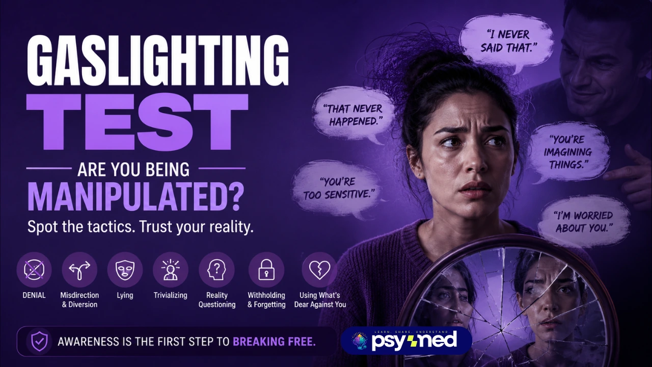 Gaslighting Test featured image showing a confused woman surrounded by manipulative statements, highlighting denial, reality distortion, and emotional manipulation.